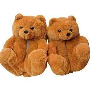 BROWN TEDDY BEAR PLUSH SLIPPERS